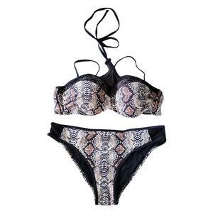 NEW Peddney Snakeskin Print Bikini Swimsuit Fishnet Detail Push Up Halter XL